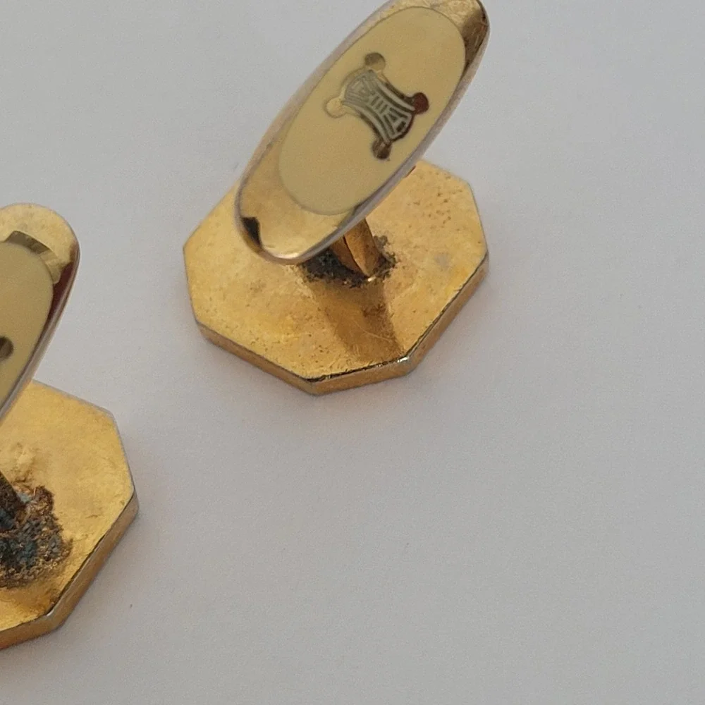 Celine Vintage Horse Carriage Logo Octagon Cufflinks Gold Tone Enamel Black Red